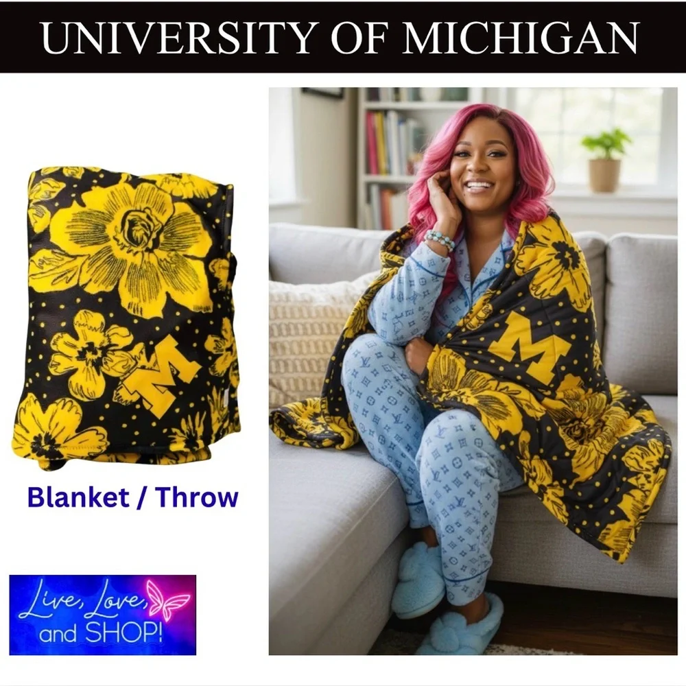 VERA BRADLEY UofM Maize & Blue Cotton Collegiate Blanket 🏈 Authentic, EUC